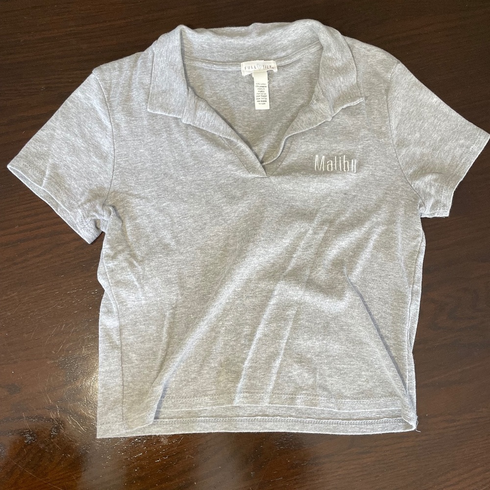 Collared Grey Tee with Embroidered "Malibu"